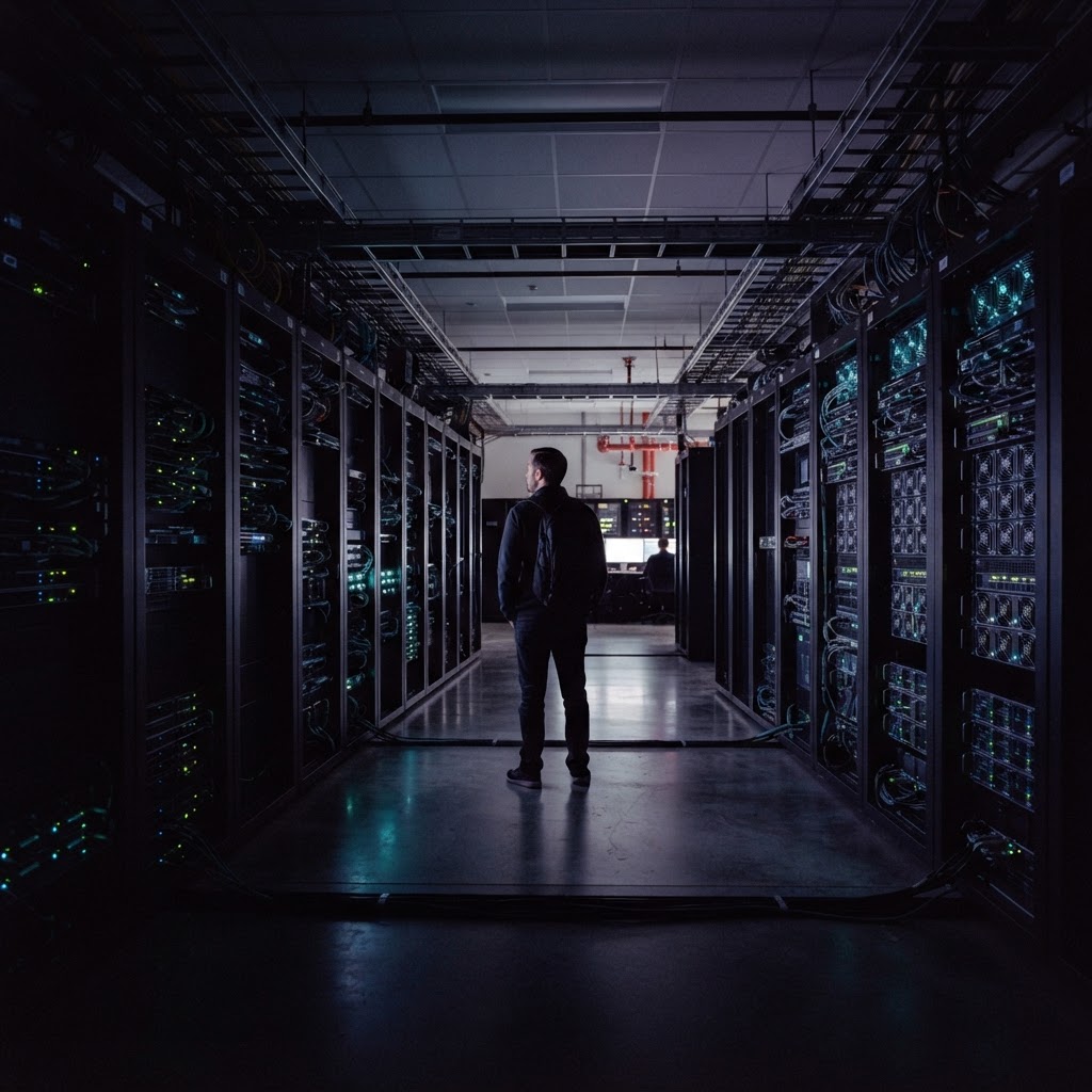 Developer standing before a wall of server racks at night