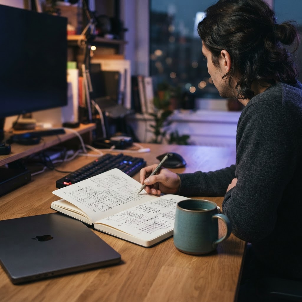 Developer workspace with a closed laptop and notebook