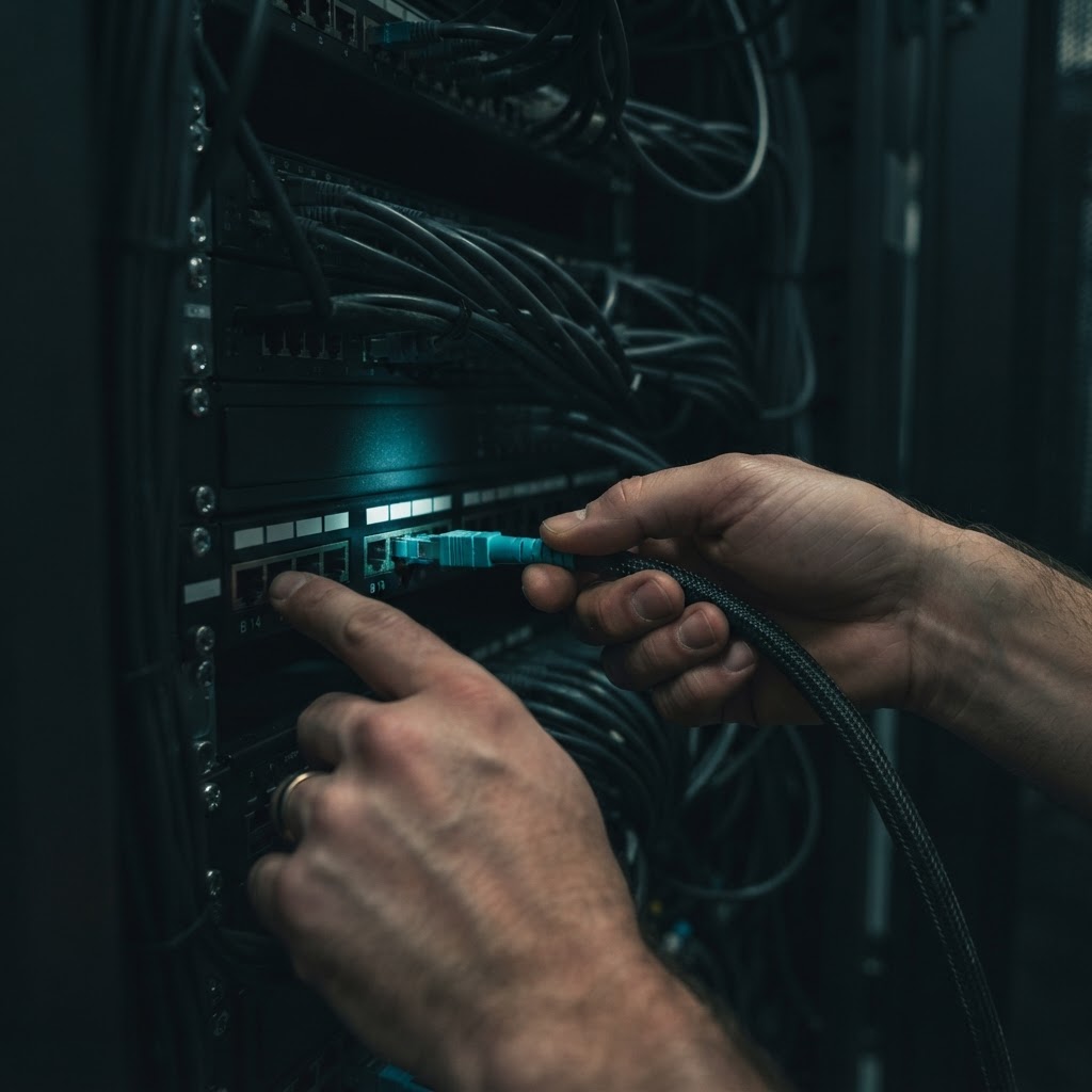 Hands connecting cables in a professional server rack