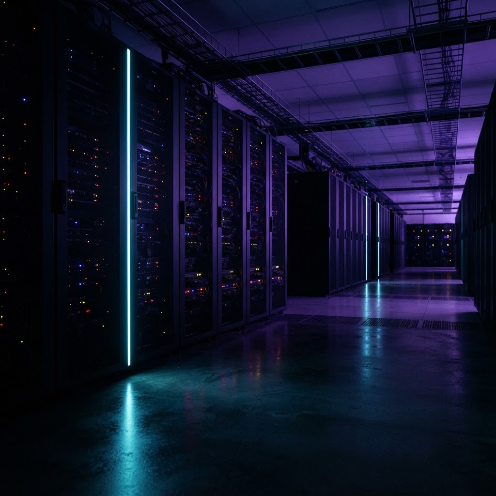 Rows of dark server cabinets with teal lighting
