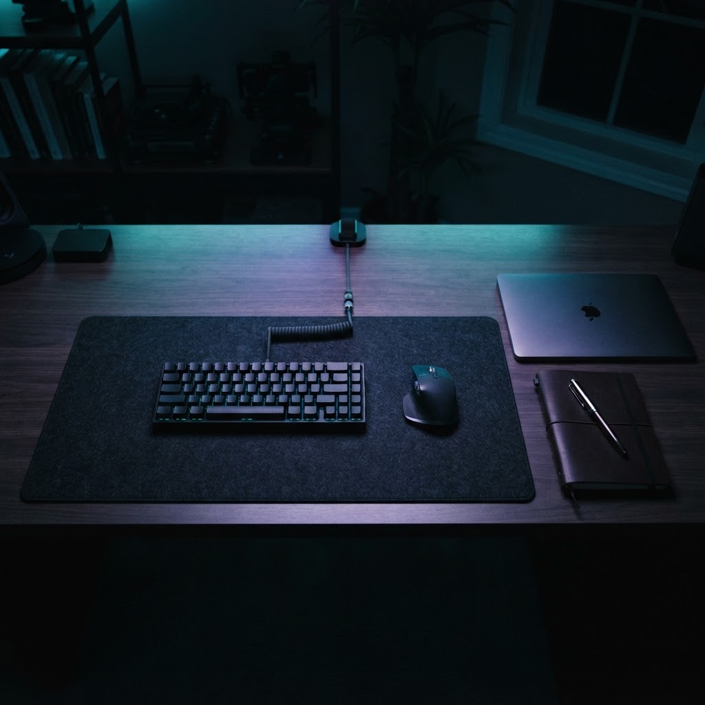 A clean organized developer desk workspace at night