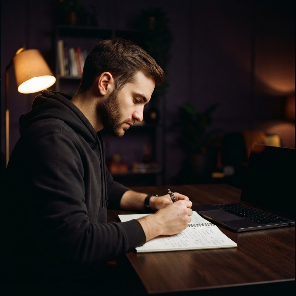 Developer reviewing physical code notes at a dark desk