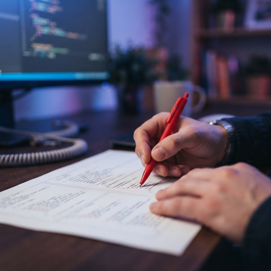 Hands with a pen reviewing printed code documents
