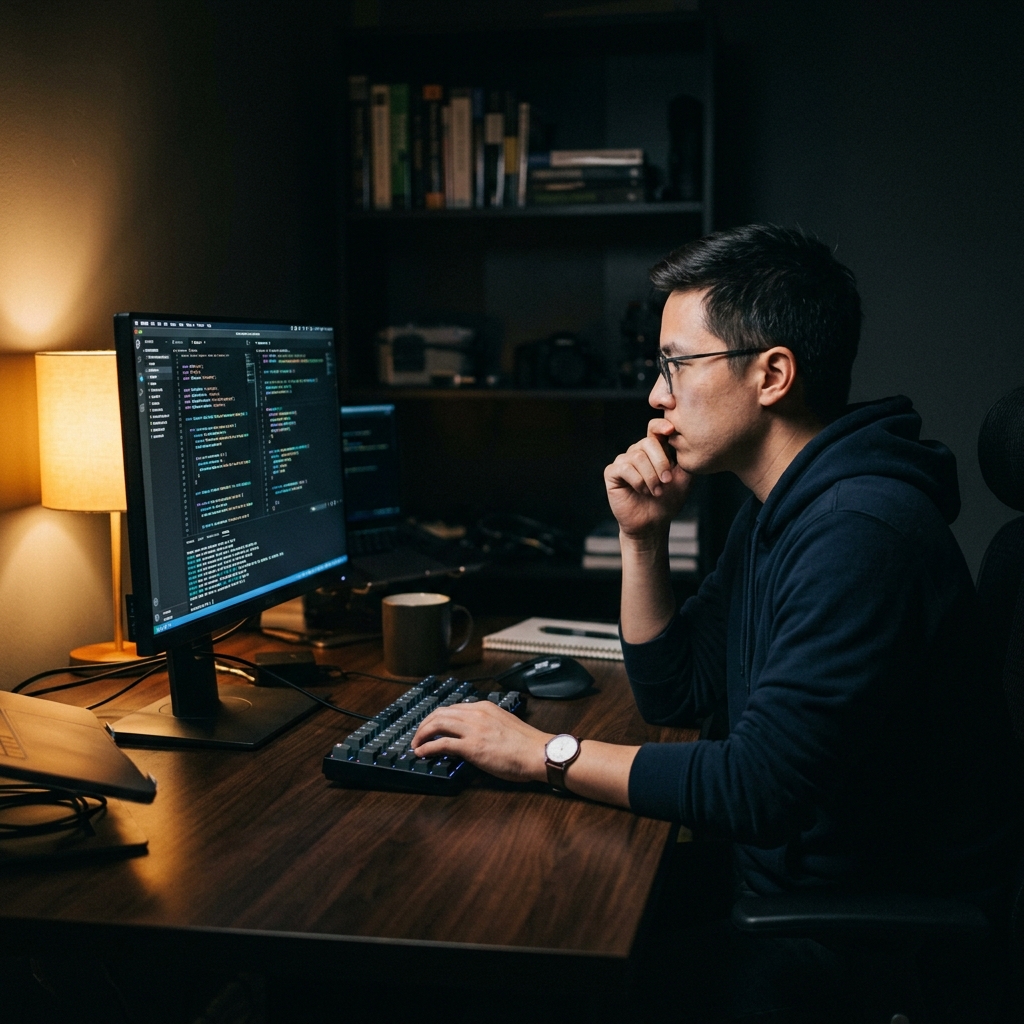 Developer focused on code at desk with warm and blue lighting