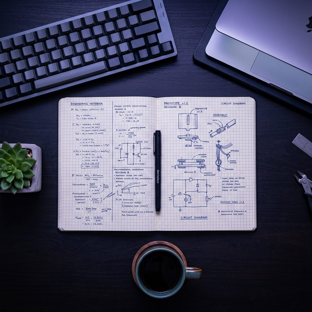 Engineering notebook and laptop on developer workspace from above
