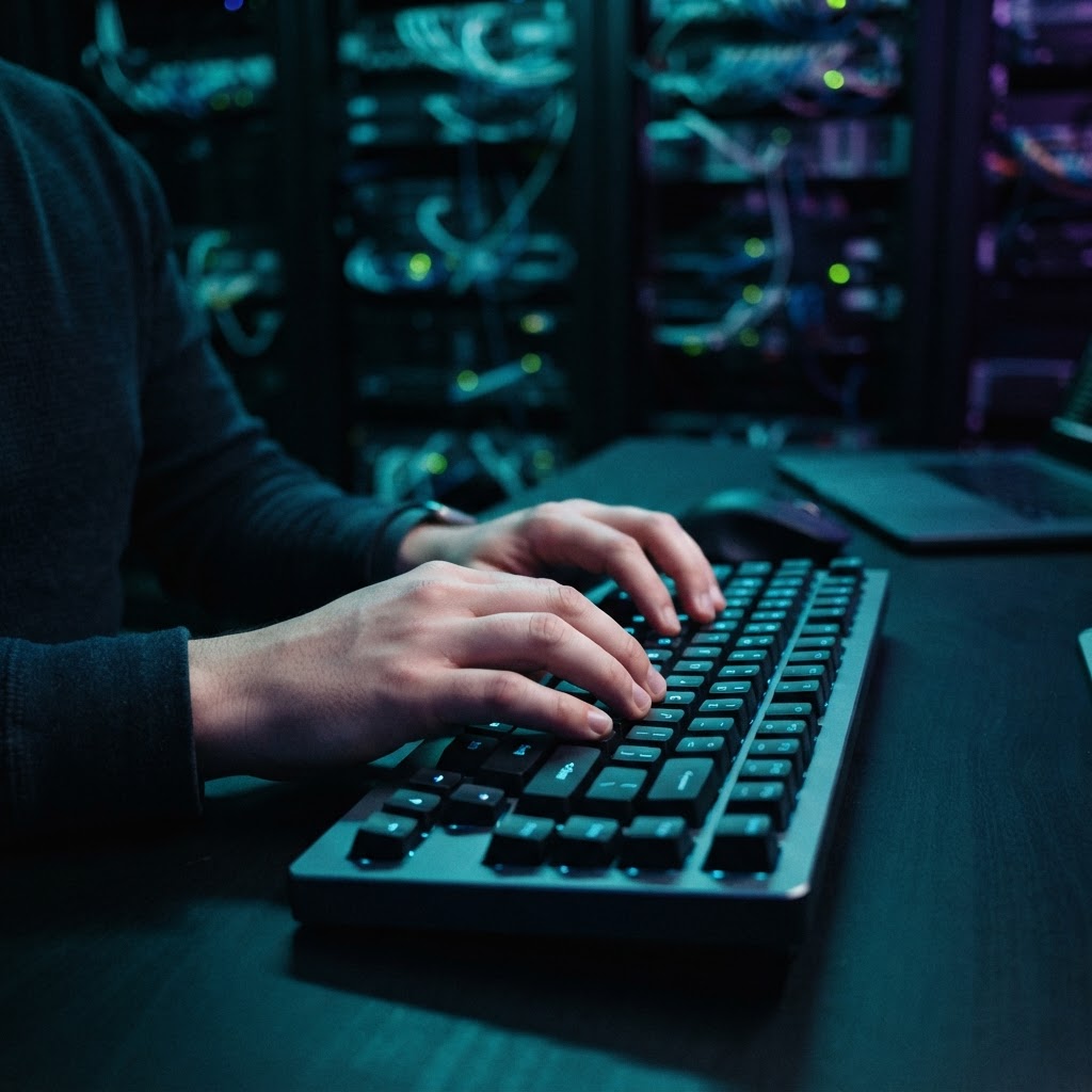 Hands typing on a mechanical keyboard in a dark office