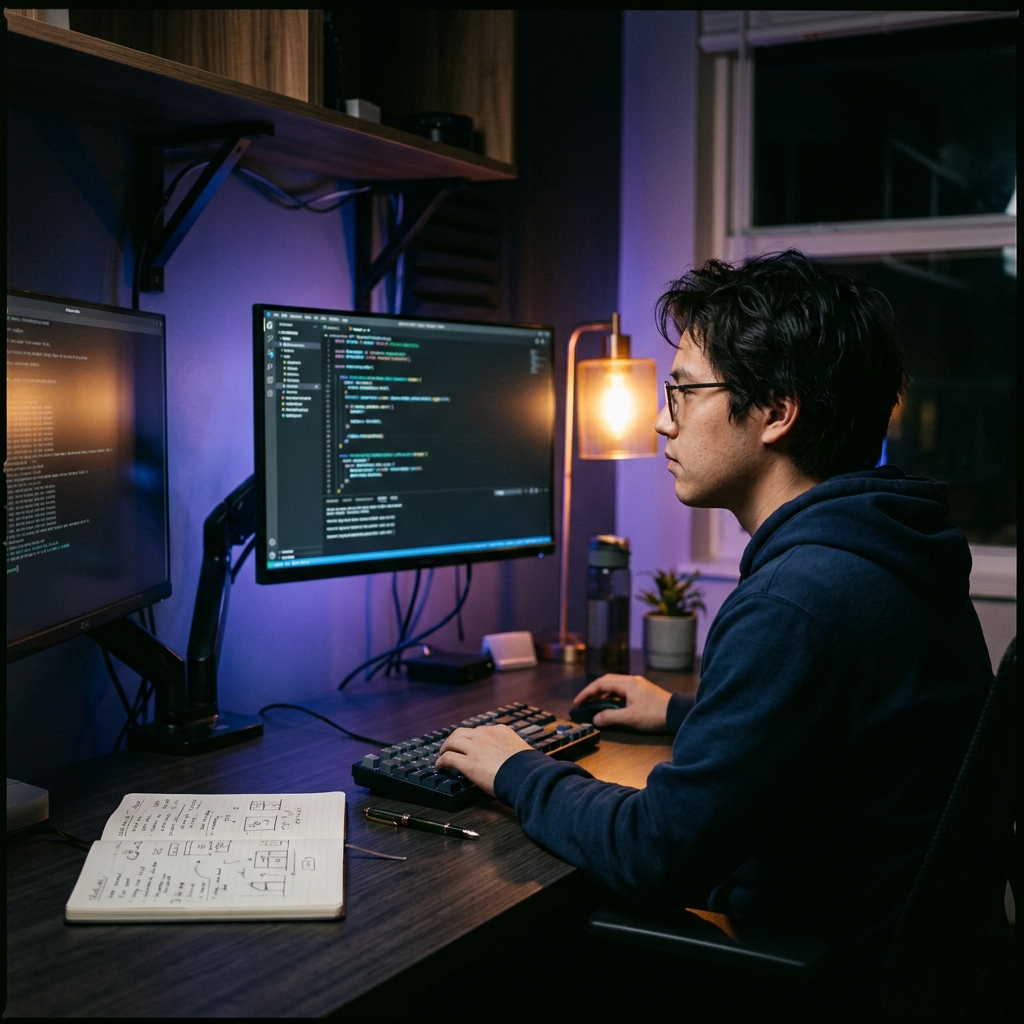Developer focused at multi-monitor desk with warm and cool lighting