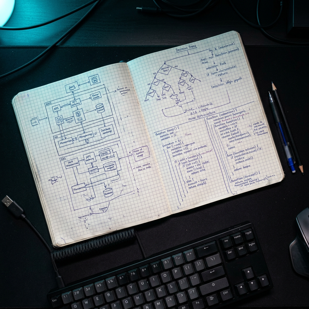 Open notebook with handwritten architecture diagrams and sketches