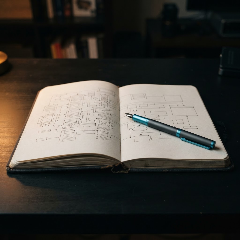 Blank engineering notebook on a dark workspace
