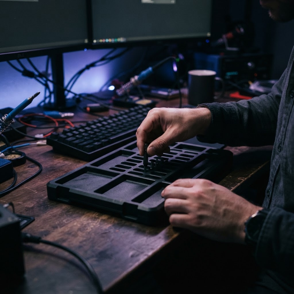 Developer hands organizing a dark modular desk tray