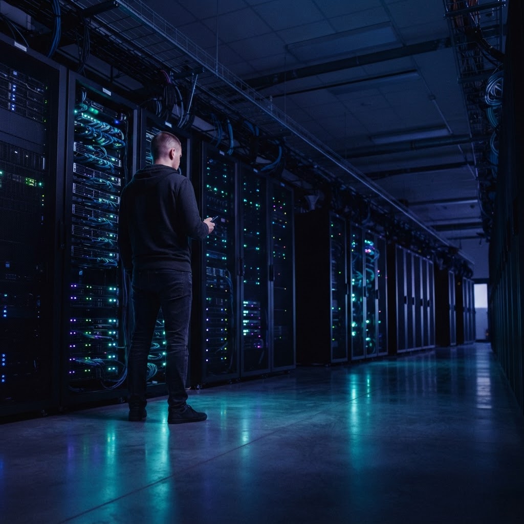 Solitary developer standing in a dimly lit server room
