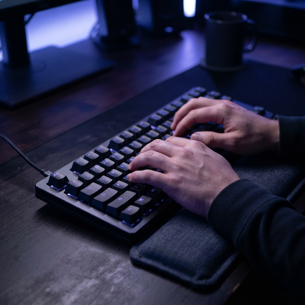 Focused developer hands typing on a dark mechanical keyboard