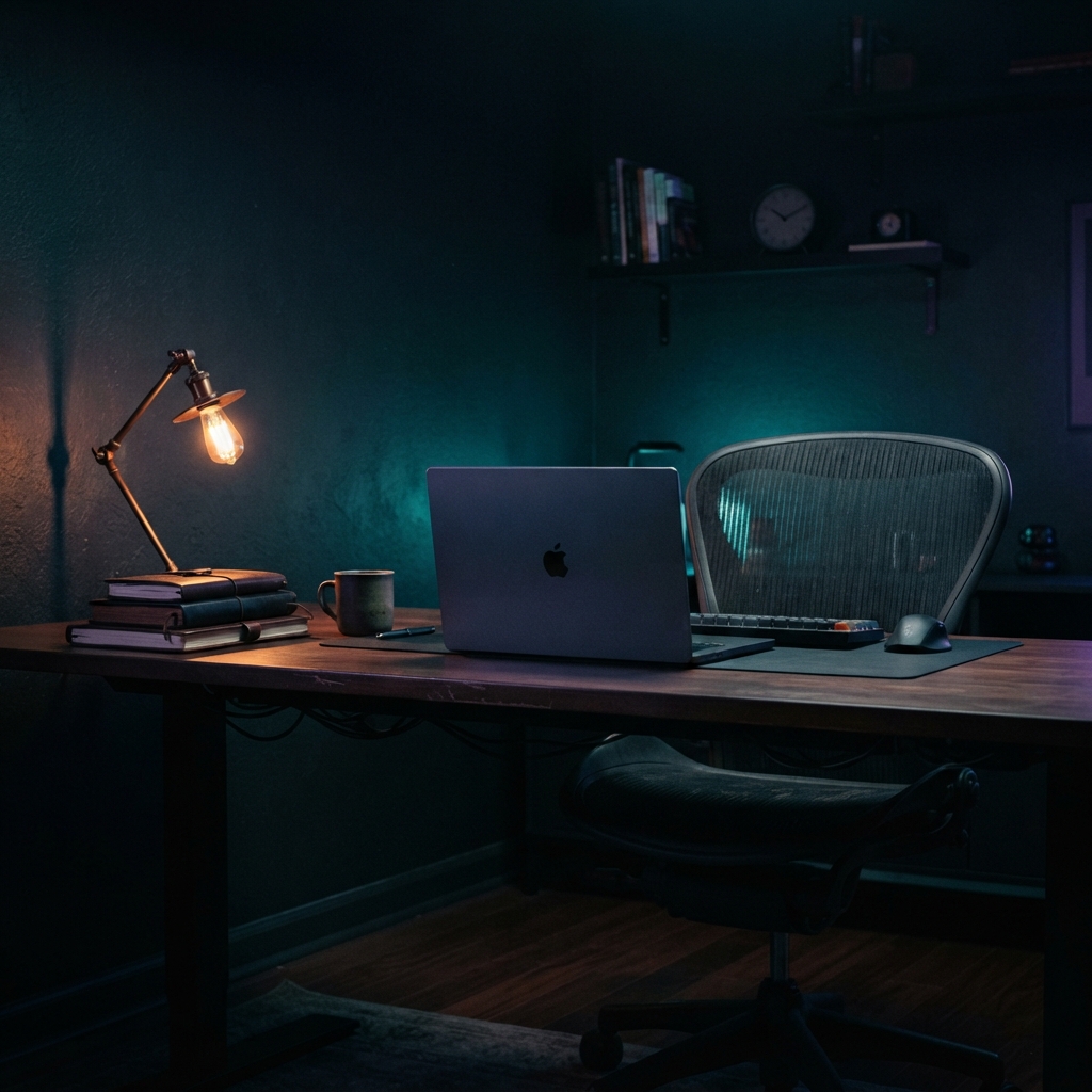 Nighttime developer workspace with journals and moody ambient lighting