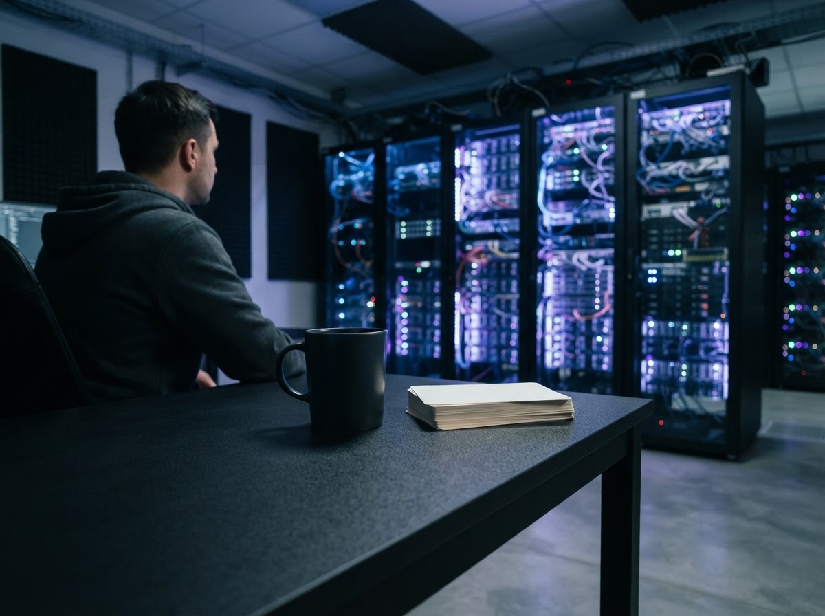 Developer at desk in dimly lit tech studio