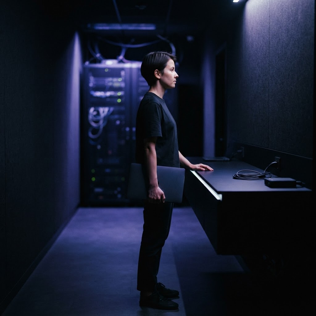 Developer standing in a dark, modern engineering workspace