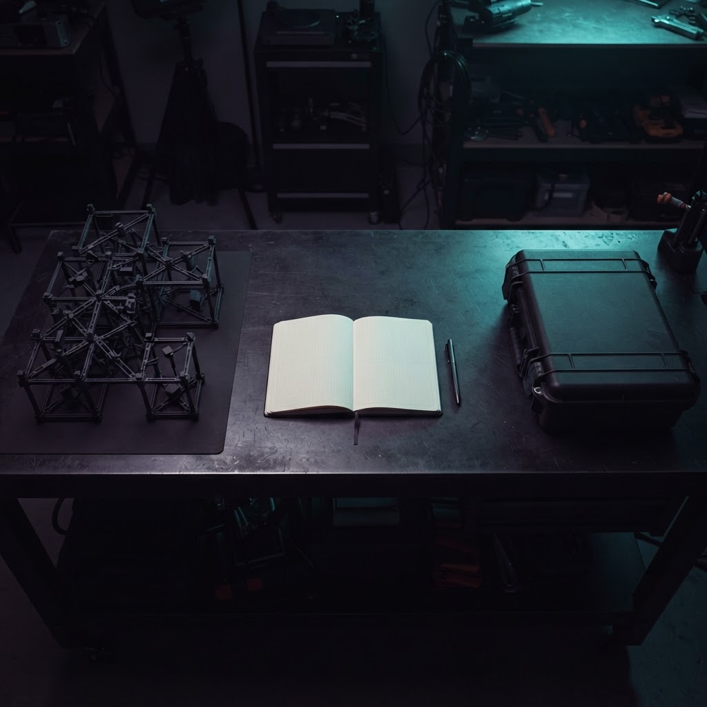 Minimalist desk setup with engineering journal and tools