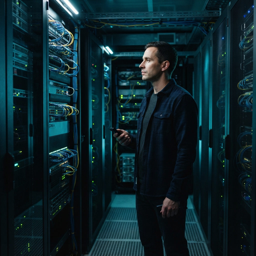 Developer standing in a modern server room