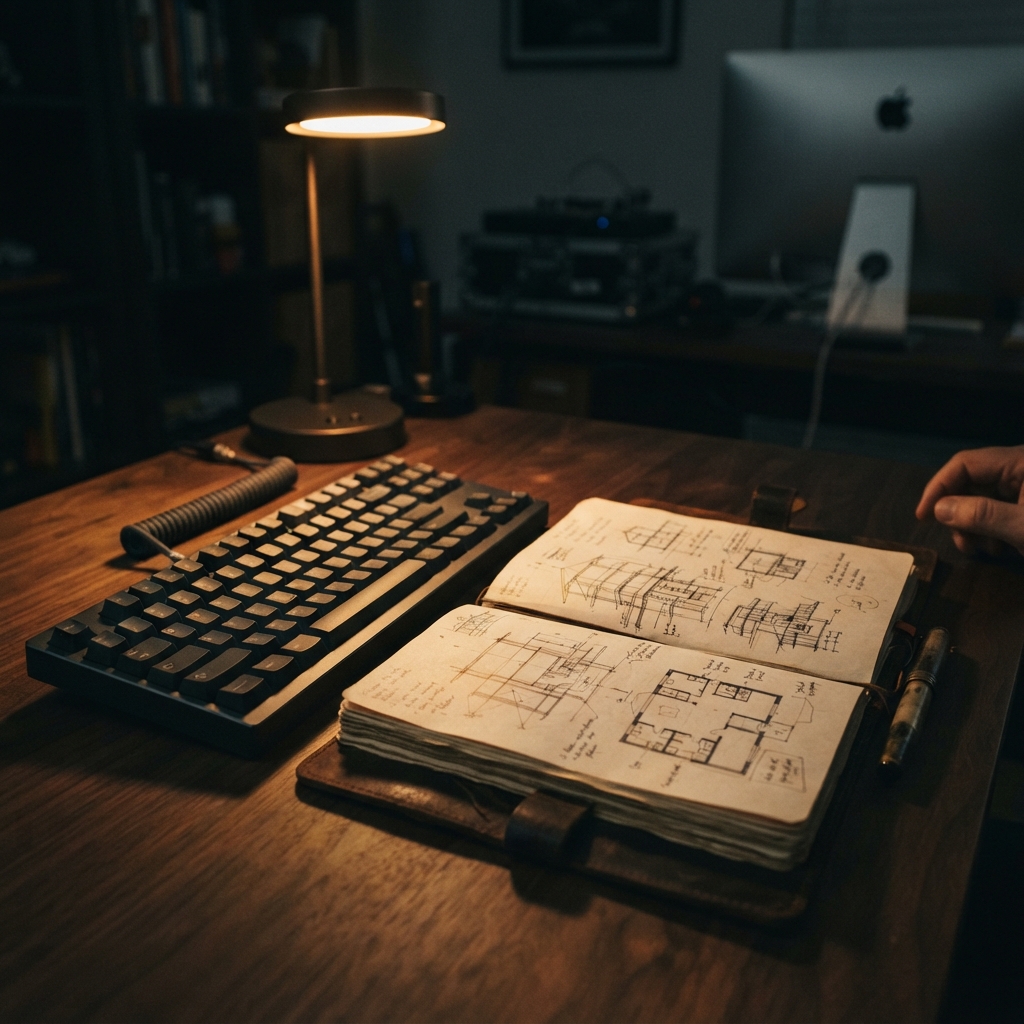 Engineer desk with notebook and mechanical keyboard