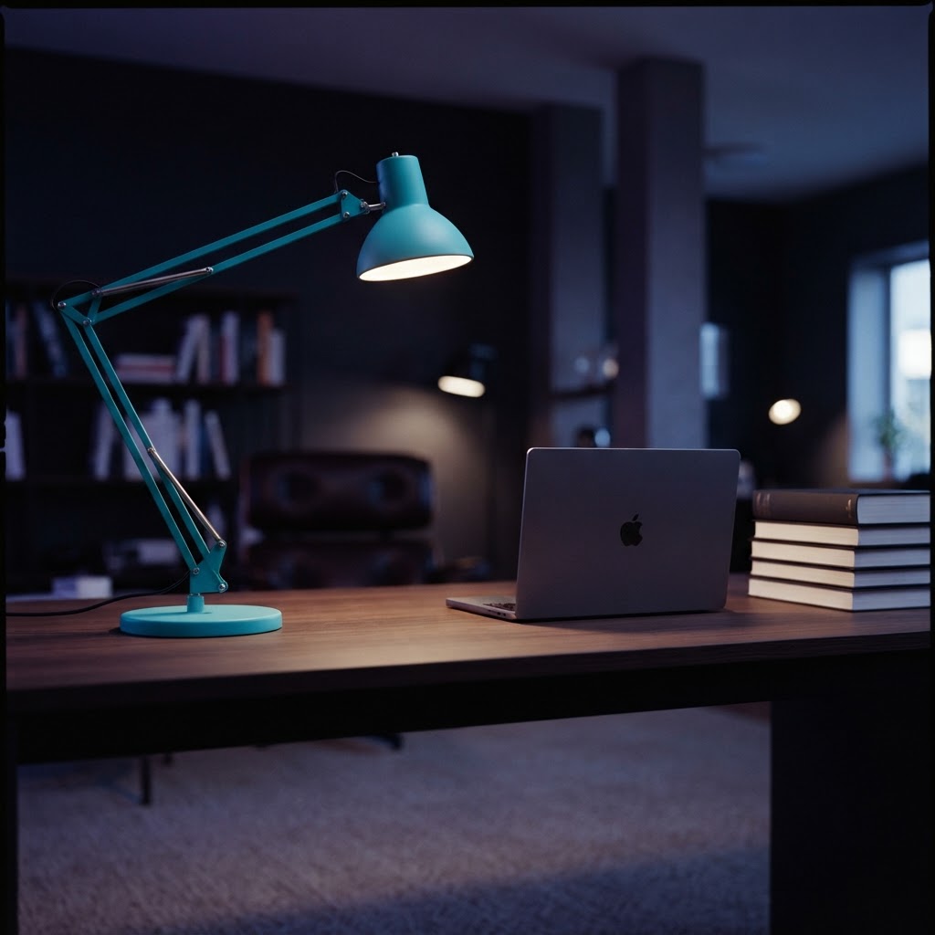 A clean modern desk setup in a dimly lit room