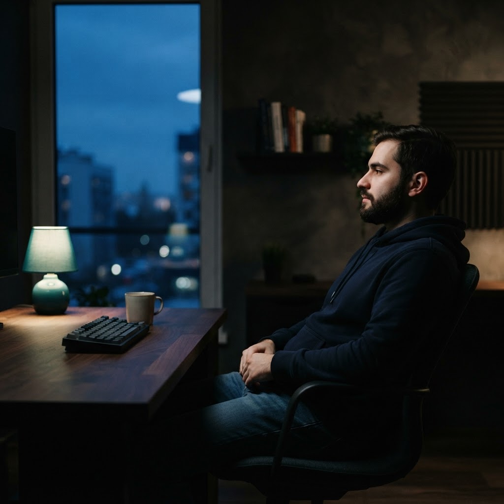 A developer taking a moment of focus in a moody workspace