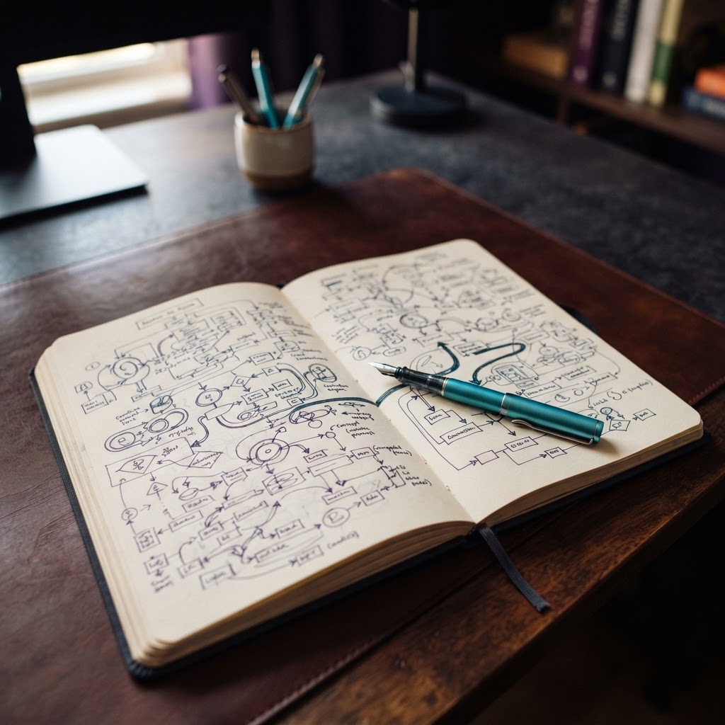 Handwritten system architecture notes on a dark desk