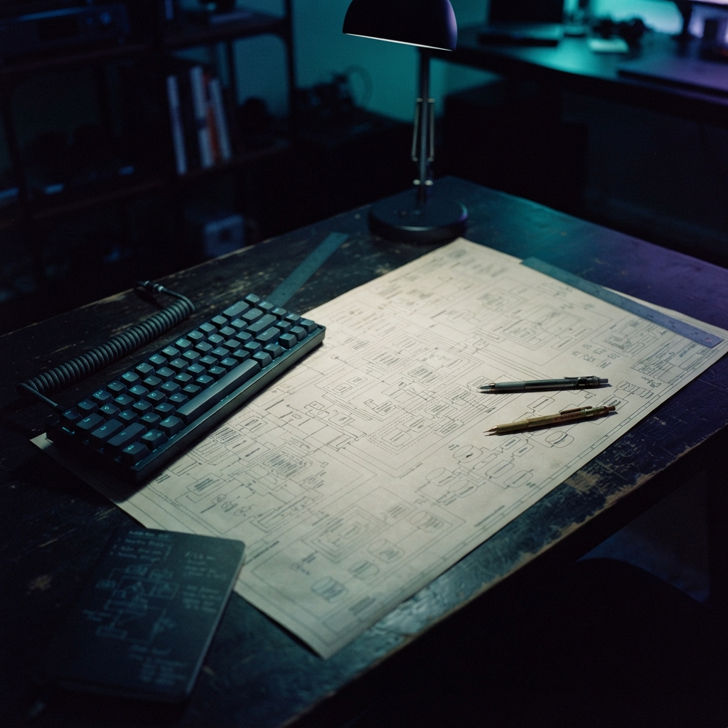 Detailed view of engineering blueprints on a dark desk