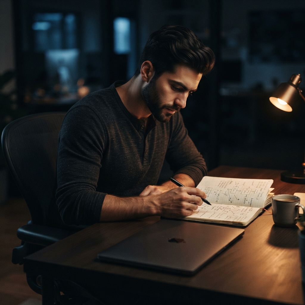 Focused developer reviewing handwritten notes in a dark office