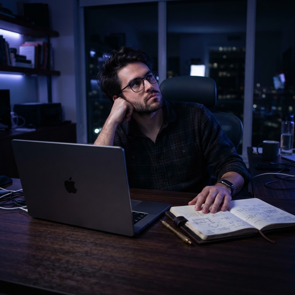 A focused developer at night in a moody workspace