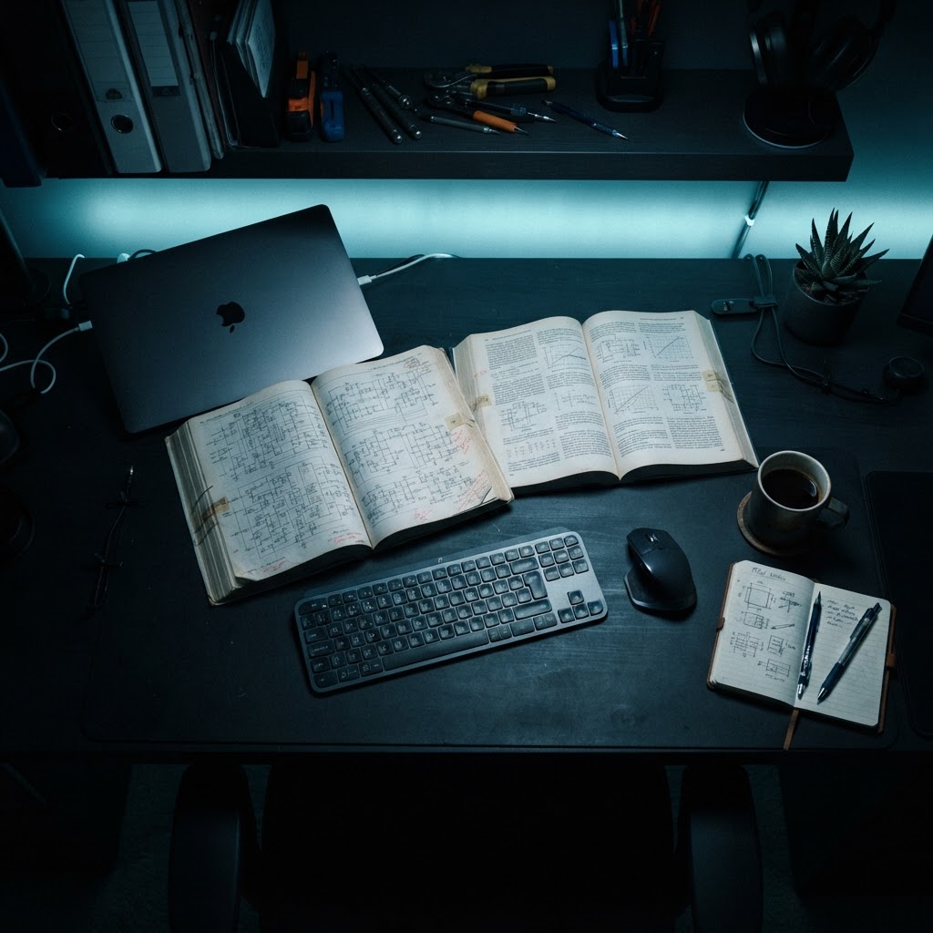 Detailed overhead view of a desk with engineering books and closed laptop