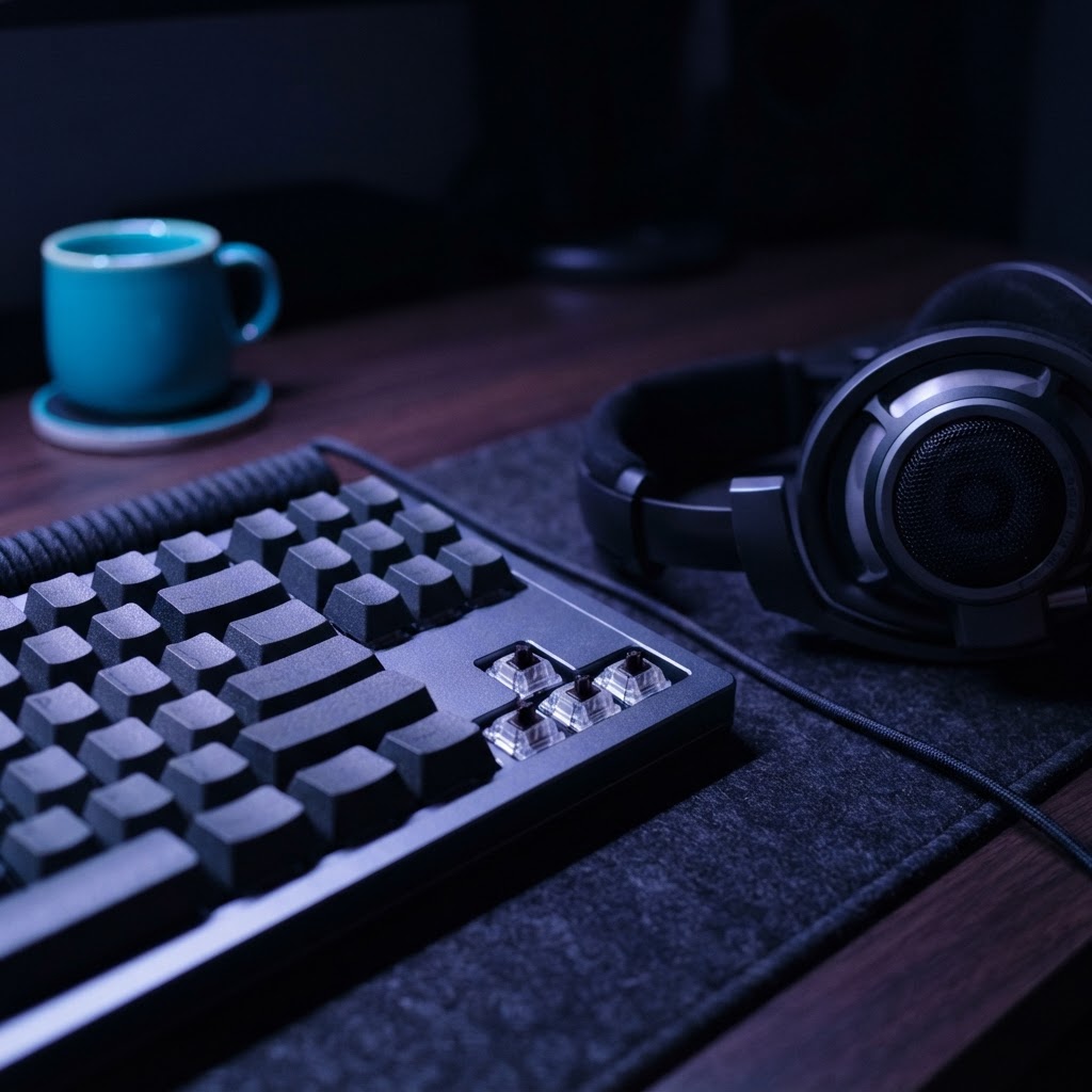 Close up of keyboard and mug on dark desk