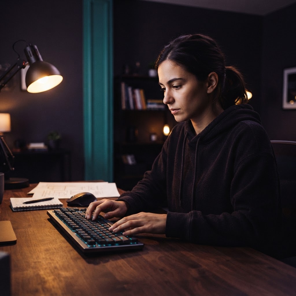Developer focused at a dimly lit desk