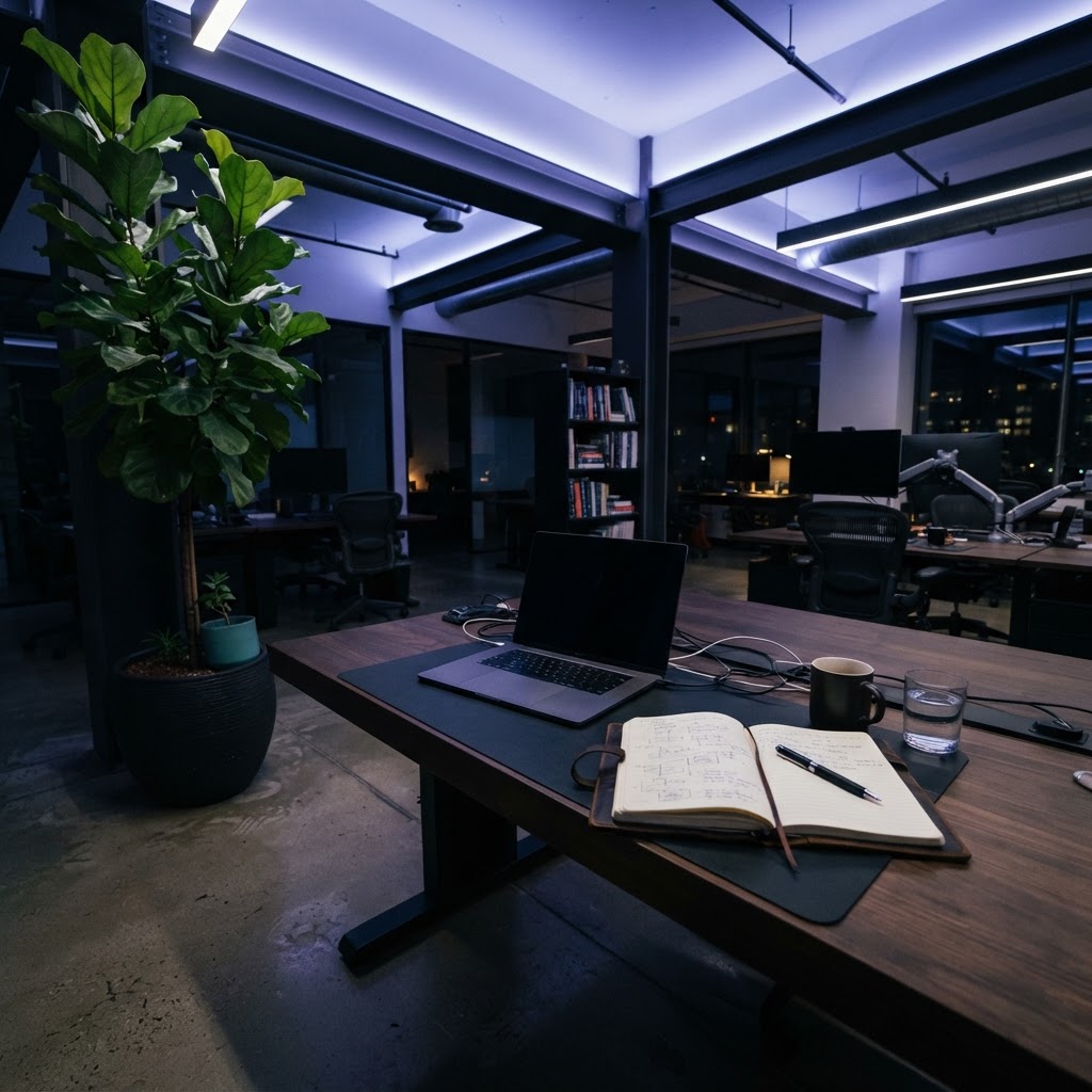 Modern workspace interior at night