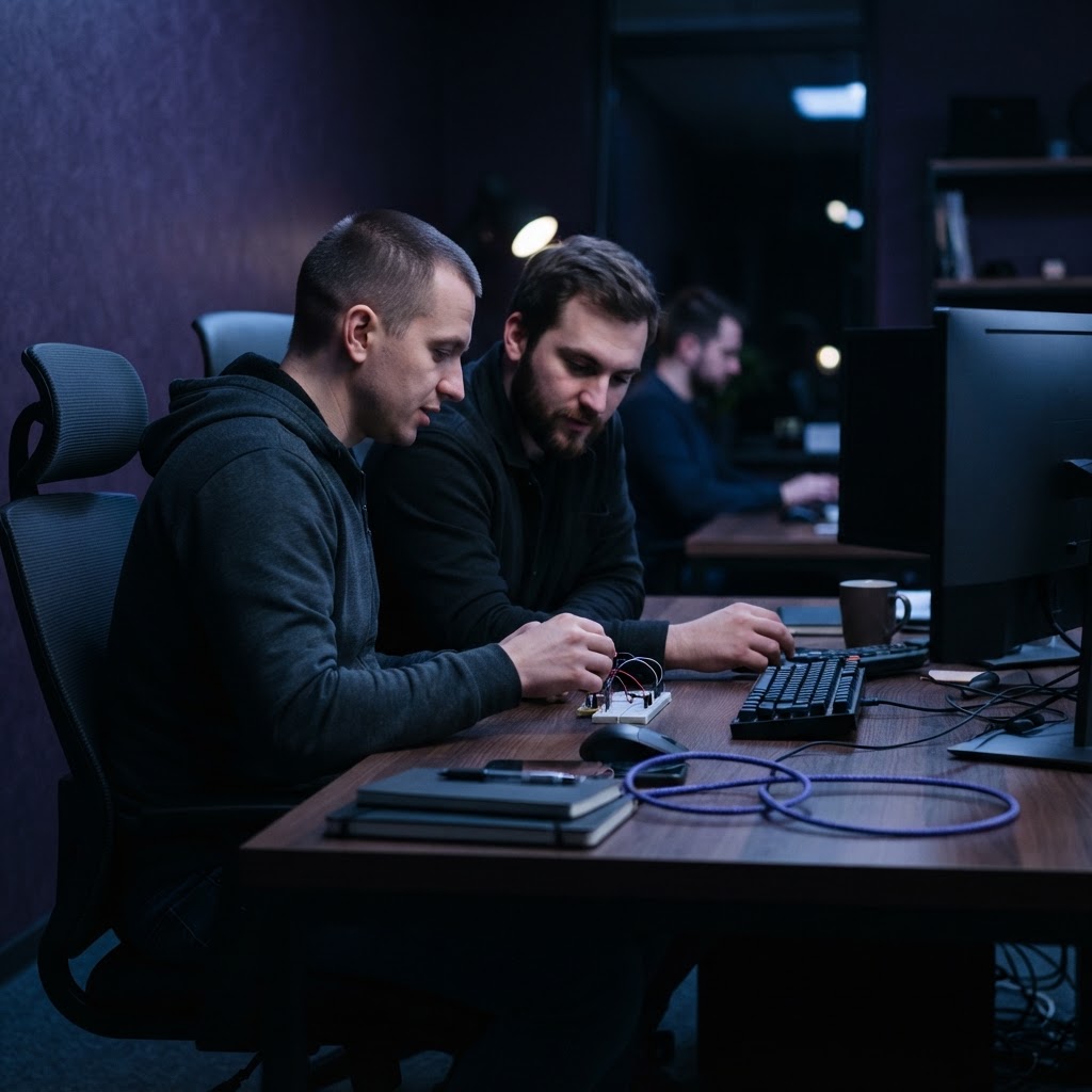 Two developers in a quiet workspace conversation
