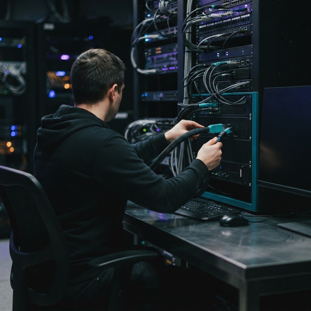 A developer disconnecting a thick cable from server equipment