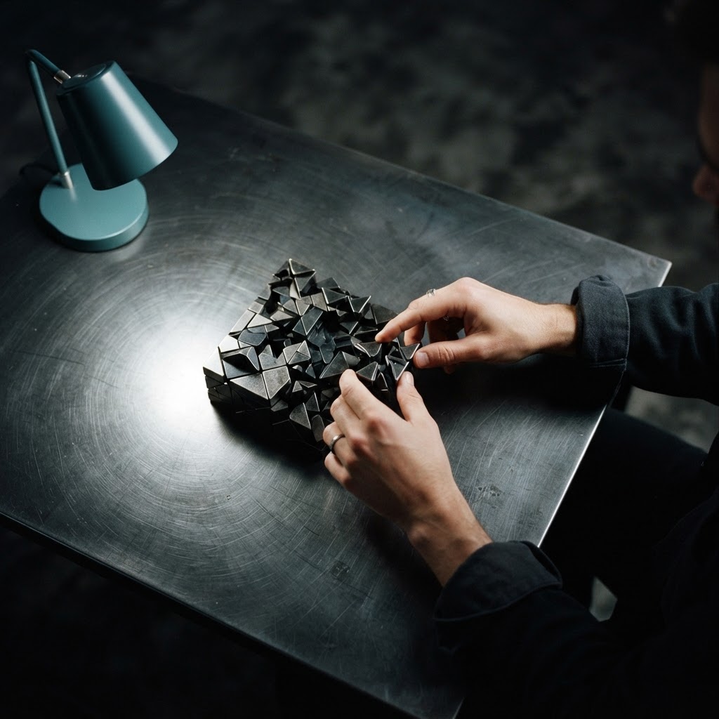 Hands separating modular physical components on a dark desk