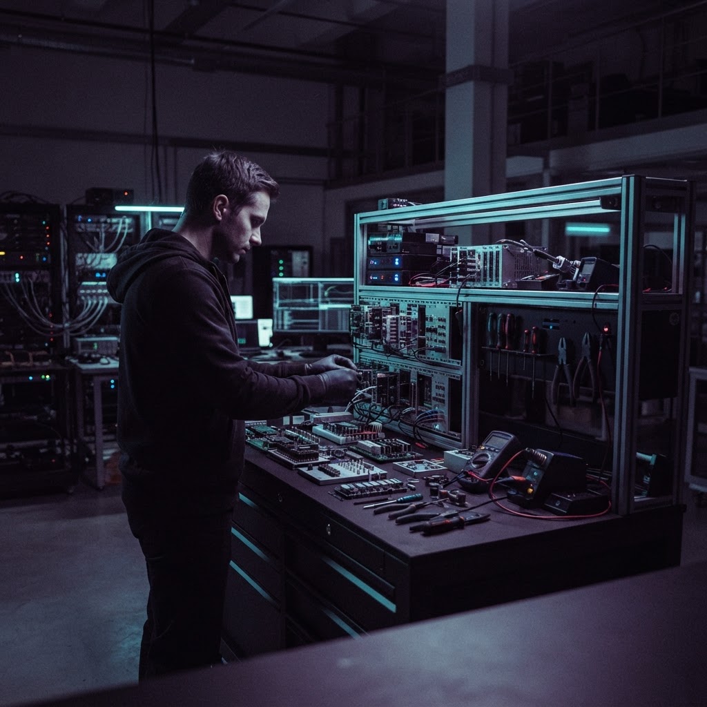 Developer evaluating modular hardware components on a workbench