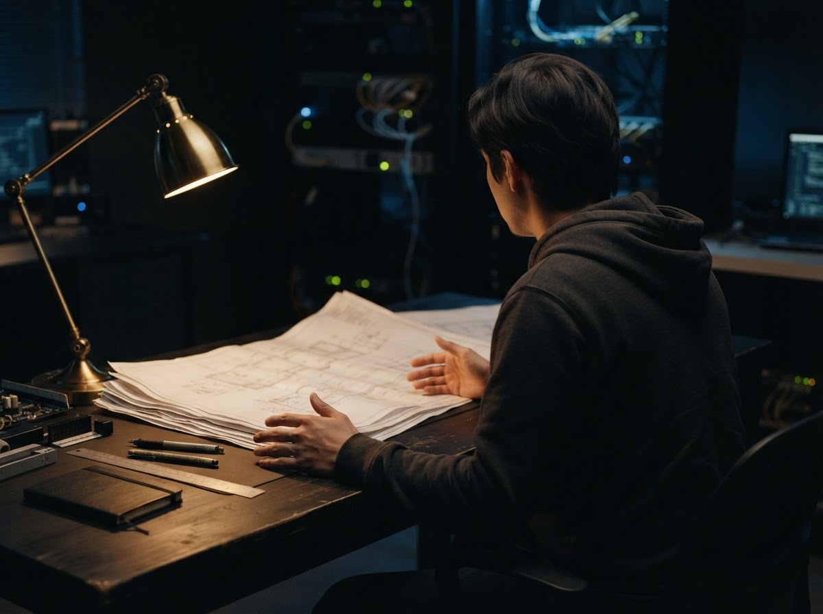 Developer reviewing project blueprints at a workbench
