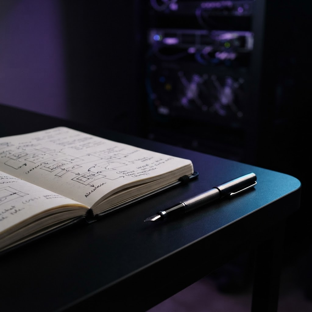 Notebook and pen on a dark workbench