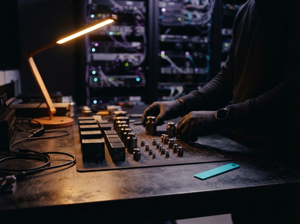 A developer desk with modular containers and metal weights