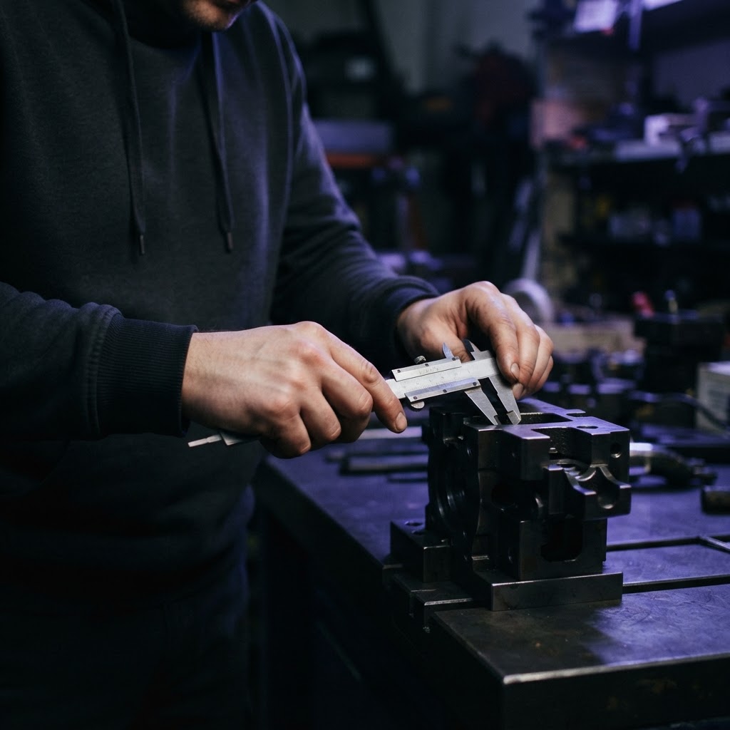 Hands using a caliper on an industrial component