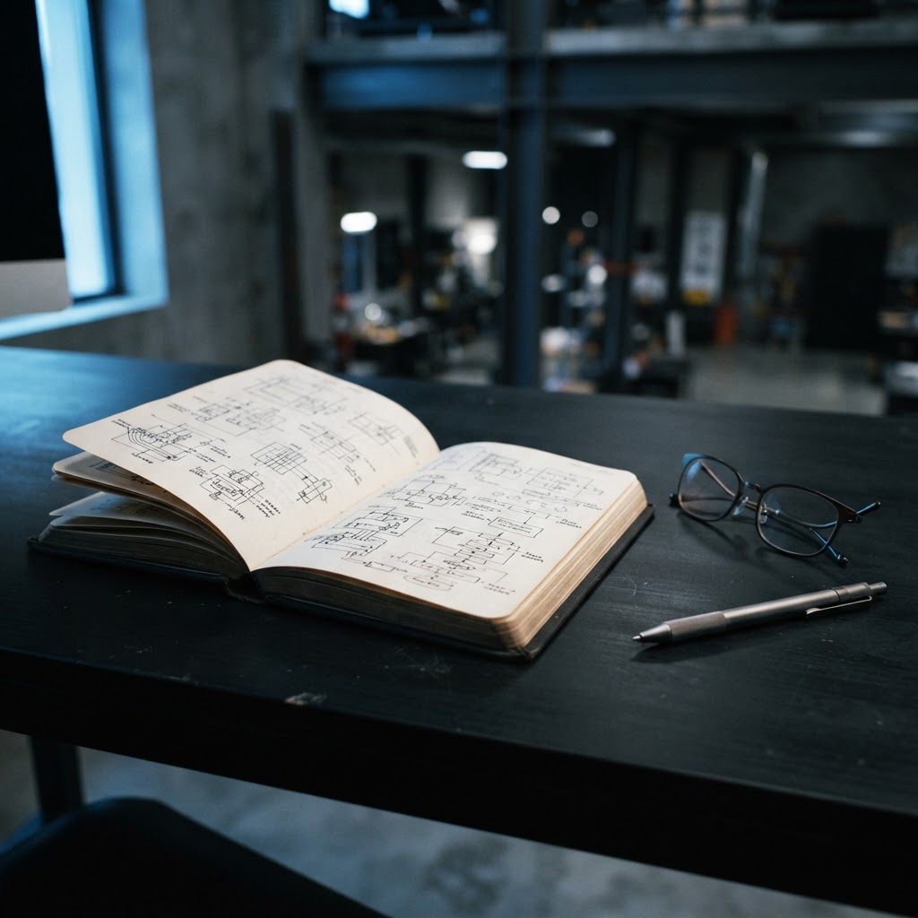 Open engineering journal on a dark industrial desk
