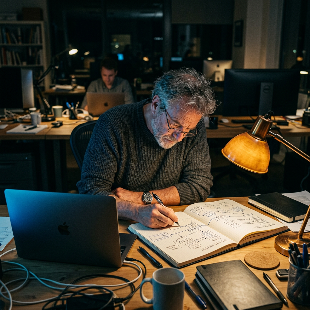 Engineer reviewing sharding architecture diagrams at desk