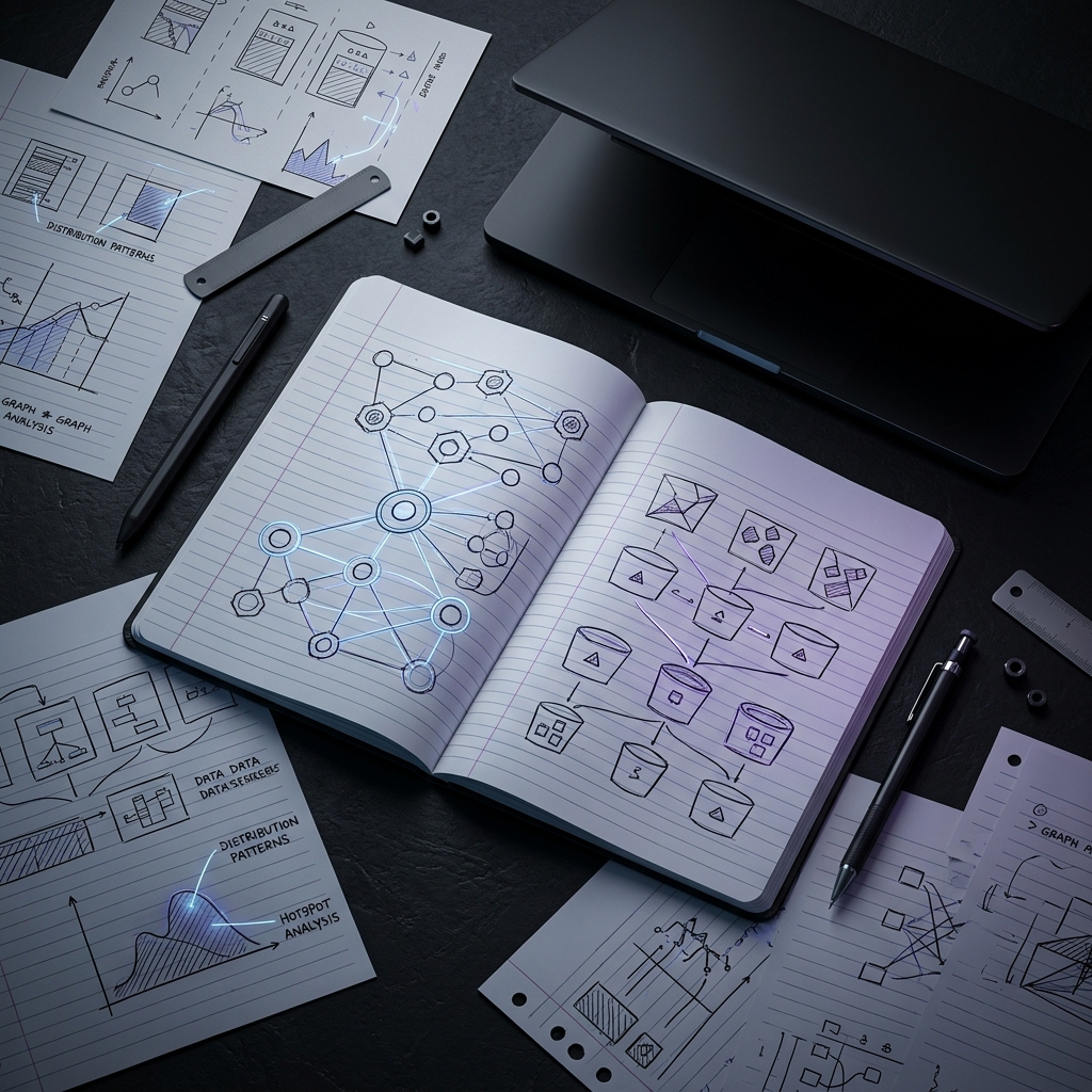 Overhead view of sharding strategy planning notes and diagrams
