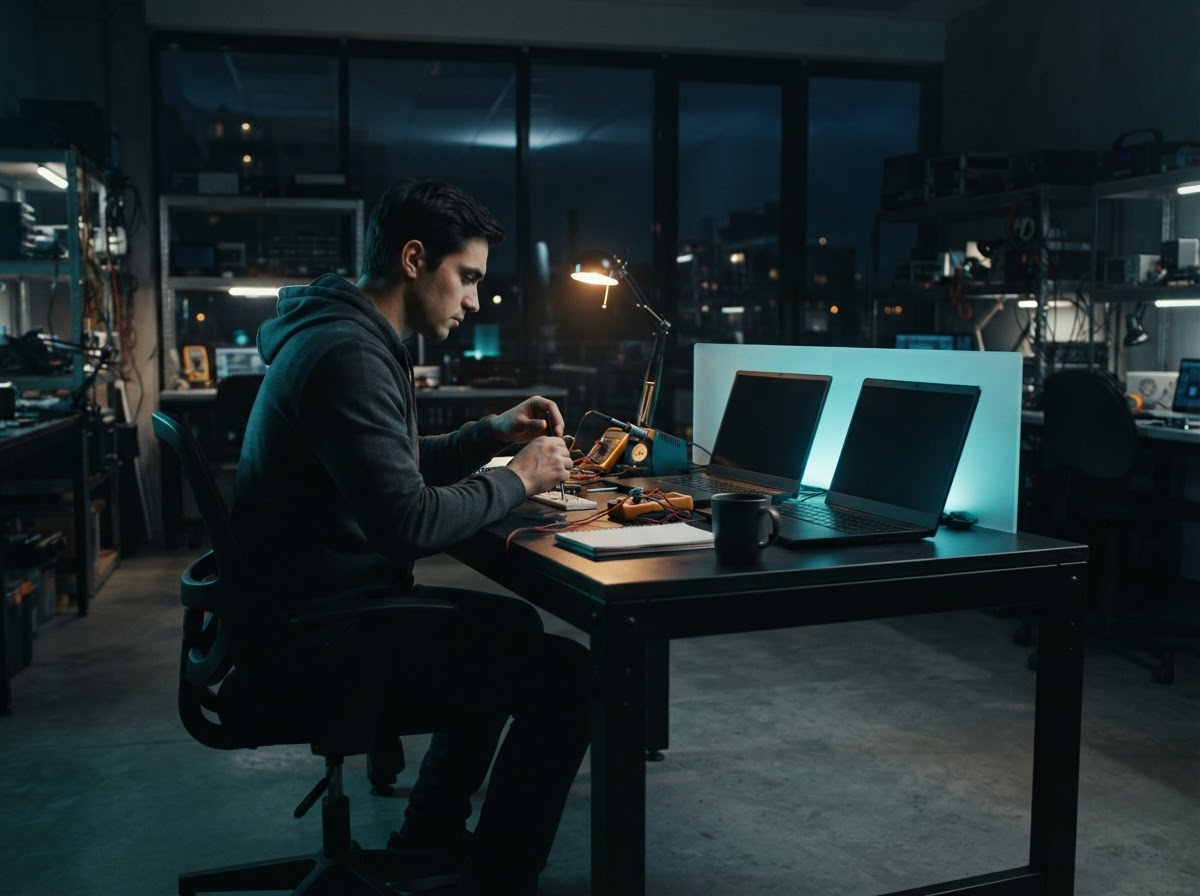 Developer working at a dimly lit desk with closed laptops