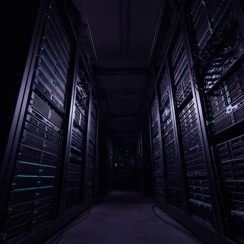 Moody interior view of server rack hardware at night