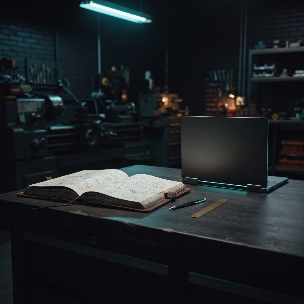 Open engineering journal next to a closed workstation