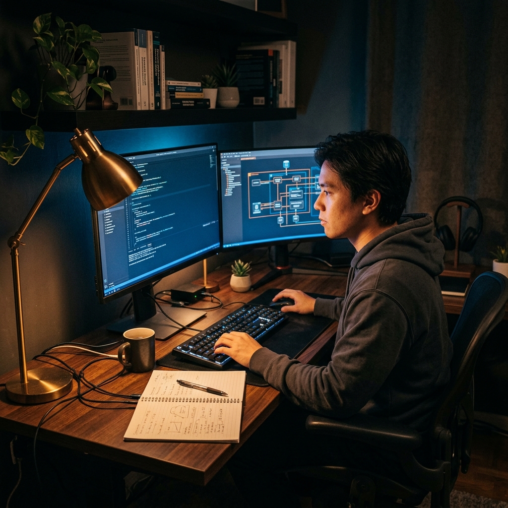 Developer focused at multi-monitor workspace reviewing code