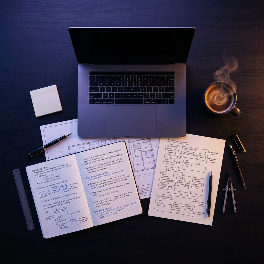 Overhead view of developer workspace with engineering notes and laptop