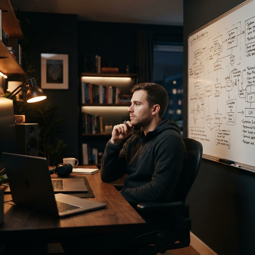 Focused developer observing whiteboard in a dark workspace