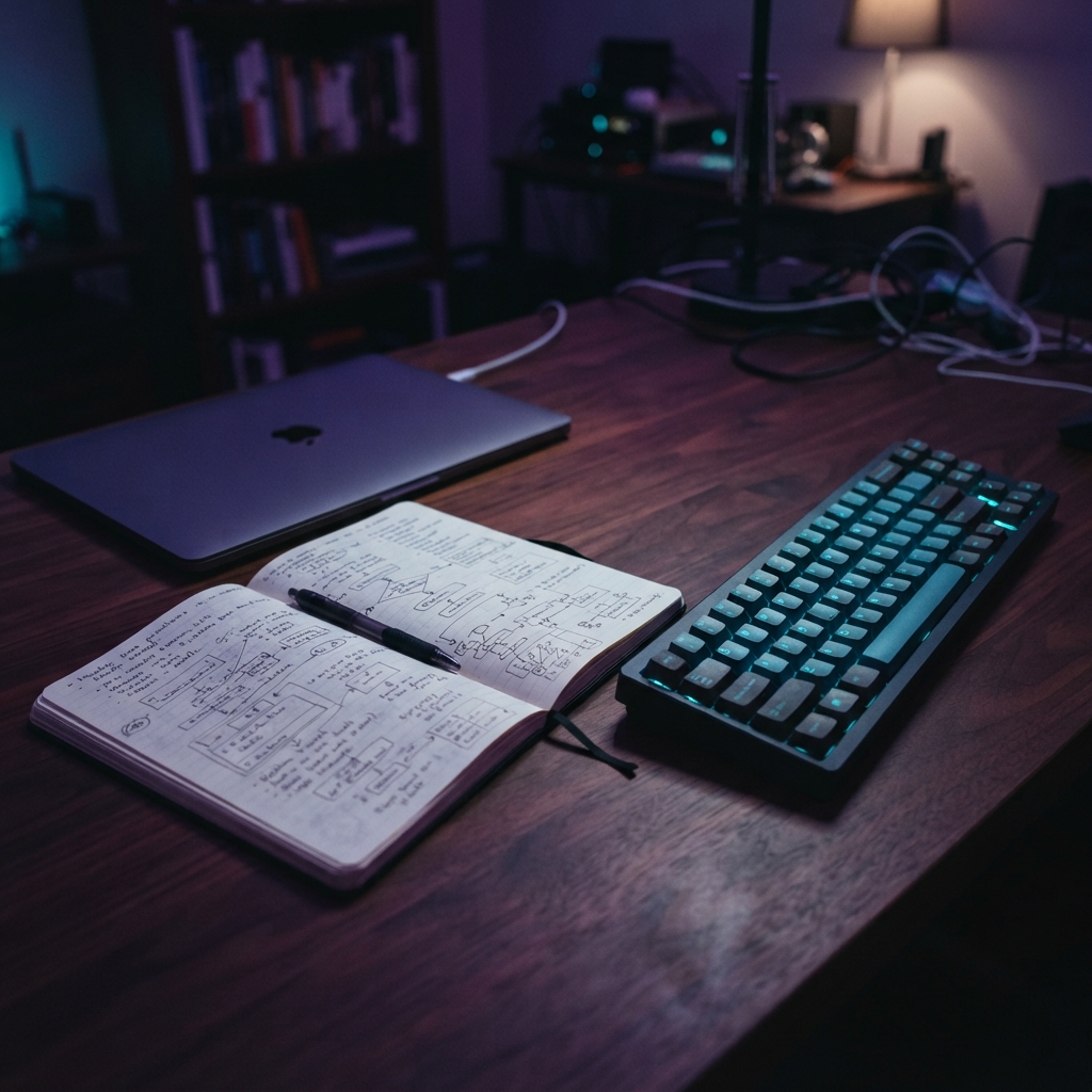 Open engineering journal and keyboard on a desk at night